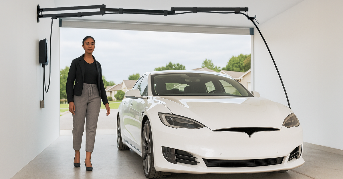 EV Hover wall-mounted arm holding an EV charging cable over a Tesla in a garage