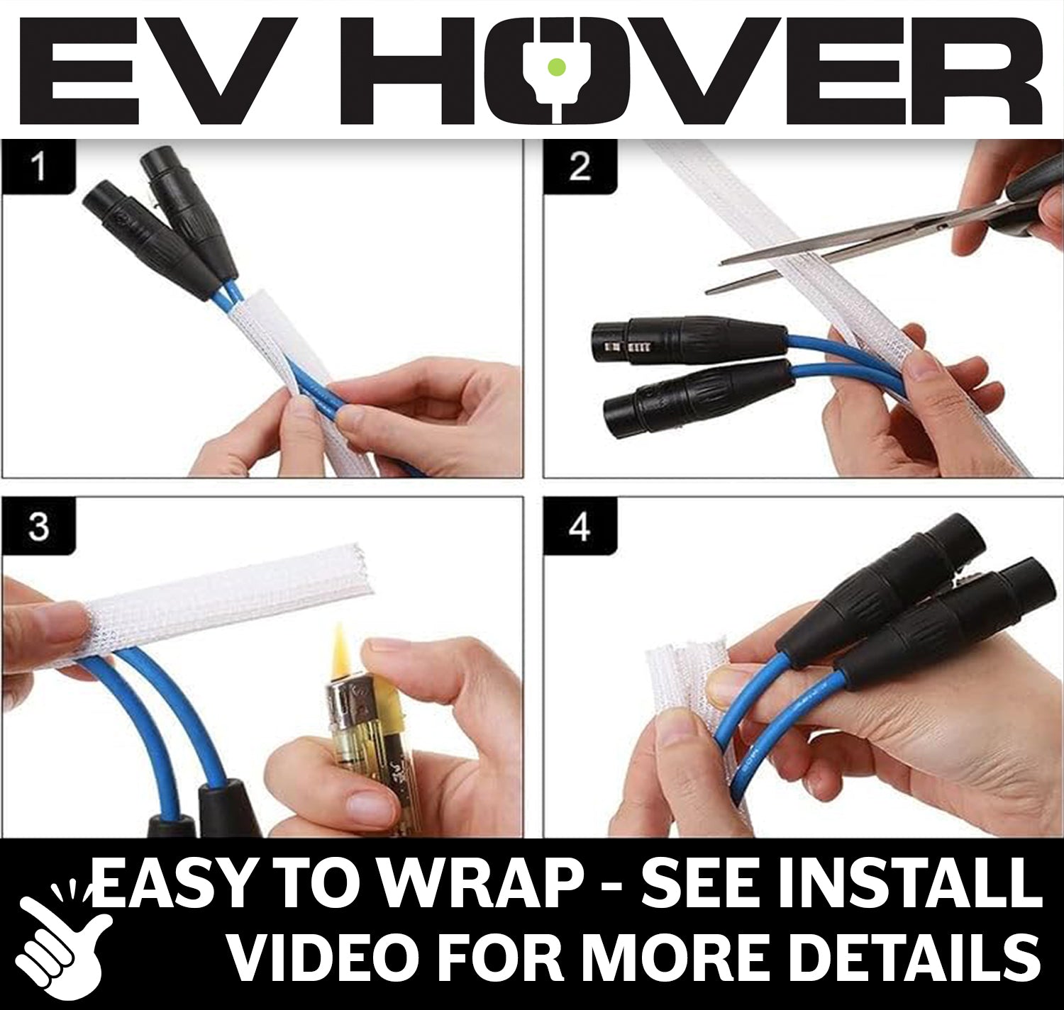 White Braided Cable Wrap Sleeve Protector - Self - Wrapping, Split Wire Loom for EV Charging Cables EVH - CBLWRP - 236in - WHT