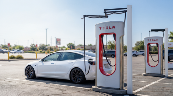 White Tesla car at a Tesla charging station in an open parking lot with a EV Hover.