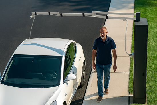 Man walking towards a white car with a solar panel on its roof, next to a charging station.