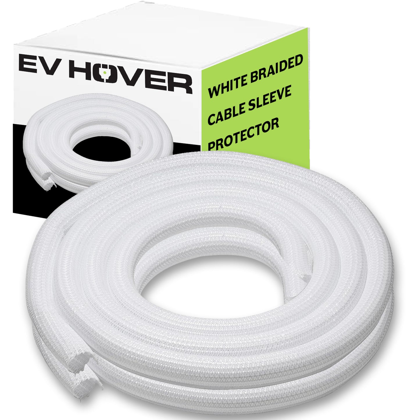 White Braided Cable Wrap Sleeve Protector - Self-Wrapping, Split Wire Loom for EV Charging Cables